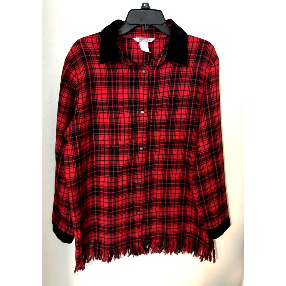 Stonebridge Red & Black Plaid Flannel Fringed Velvet Trim Button-Up Shirt Top L